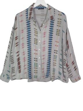 Parfois Boxy Light Gray Button-Up Shirt with Multi-Color Vertical Pattern